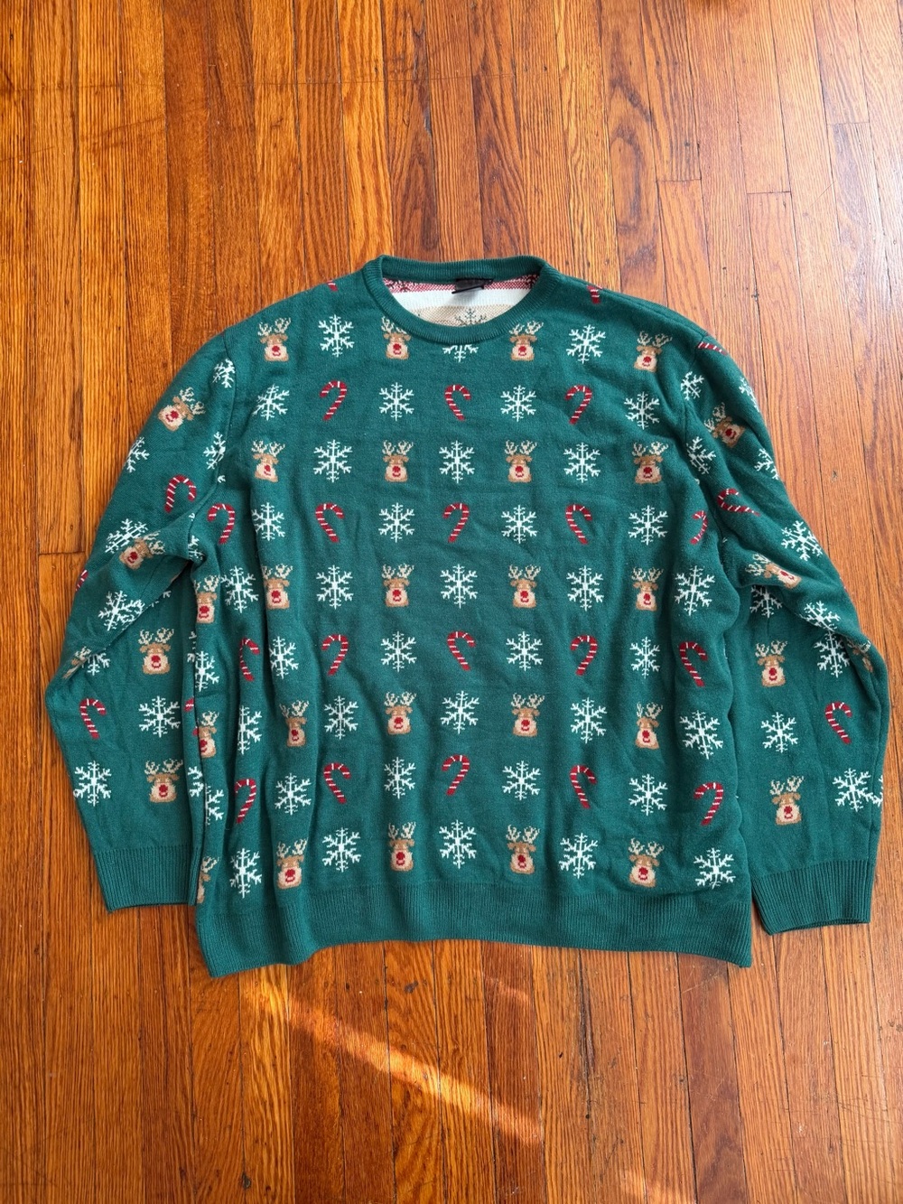 Oversized Festive Green Christmas Crew Sweater with Reindeer & Candy Cane Motif